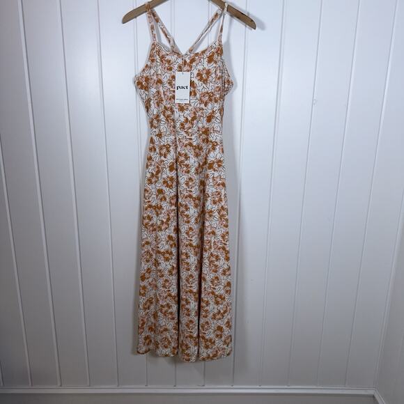Pact Women's Fit & Flare Midi Dress Large Cream Orange Floral Organic Cotton NWT - Picture 6 of 15